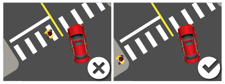 On a two lane road, give pedestrians plenty of time to fully complete the crossing before entering the crosswalk.