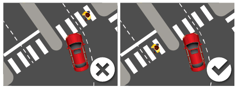 On a multi-lane, divided road, a vehicle may enter the crosswalk on the opposite side of the road from a pedestrian.