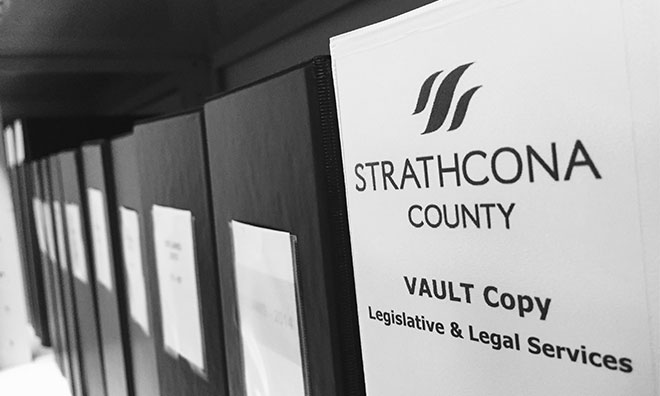 Row of binders saved in information vault