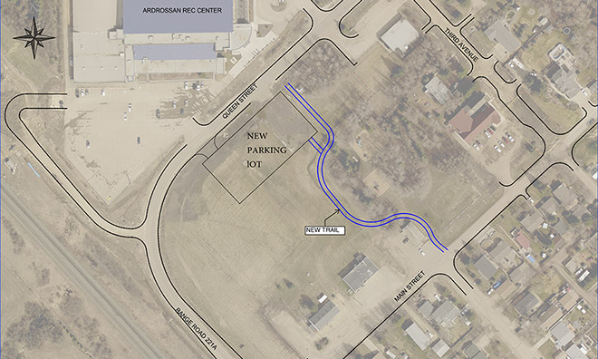 overhead map showing the location of the trail between queen street and main street, adjacent to ardrossan recreation centre