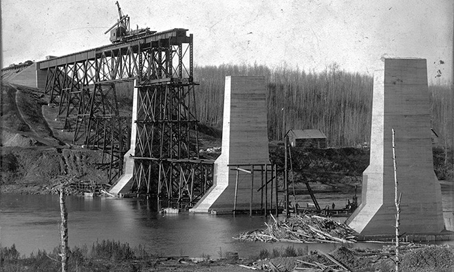 View of the Grand Trunk Pacific Clover Bar Bridge being constructed, October 1908, Strathcona County collection View of the Grand Trunk Pacific Clover Bar Bridge being constructed, October 1908, Strathcona County collection