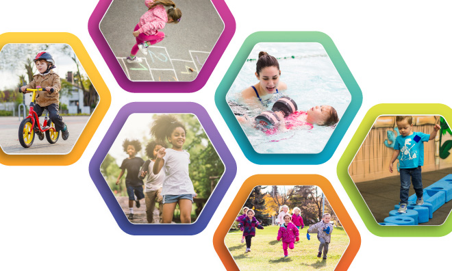 Physical literacy and you - sample of kids playing in different settings.
