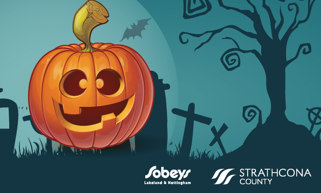 Jack-o-lantern with Sobeys and Strathcona County logos on the bottom of the graphic.