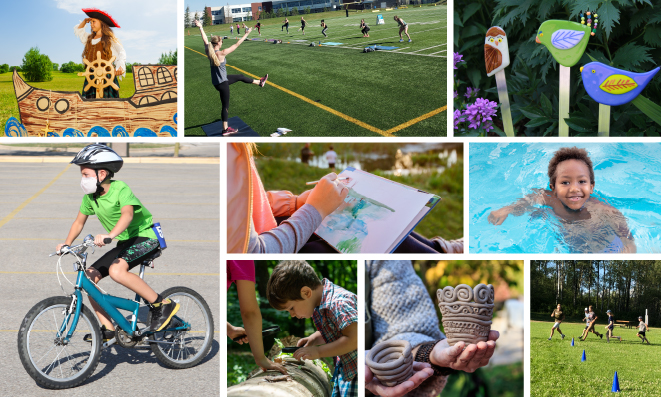 Collage: youth running outdoors, preschooler looking at a log, coiled clay pots, boy in green shirt and face mask on bicycle, girl acting as a pirate in a ship, outdoor adult fitness class, glass birds with foliage, boy swimming, hand painting outdoors.