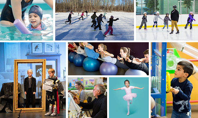 An assortment of programs are shown in a collage. This includes skating, swimming, wall climbing, skiing, drawing and a group fitness class.
