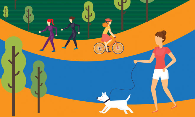 Illustration - people walking in nature trail.