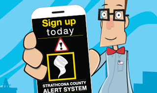 Cartoon character holding up phone asking you to sign up for SC Alerts