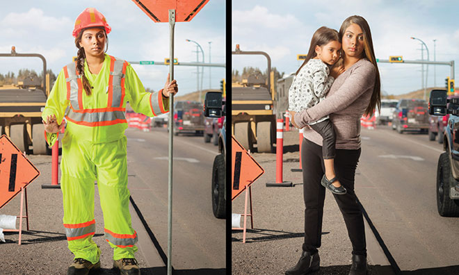 Dual image of construction worker with child and at worksite.