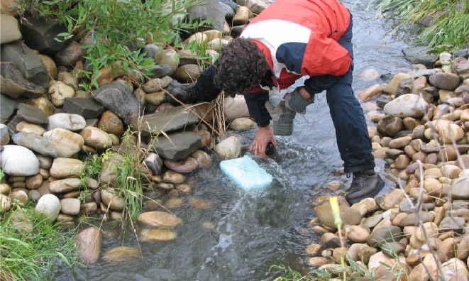 Man installing a polymer block in Summerwood pond.