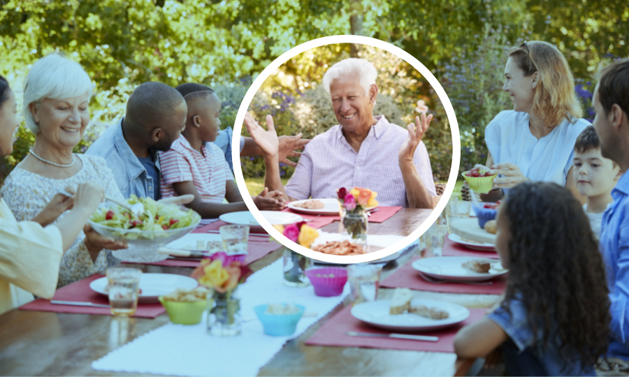 A family eating together without COVID restrictions